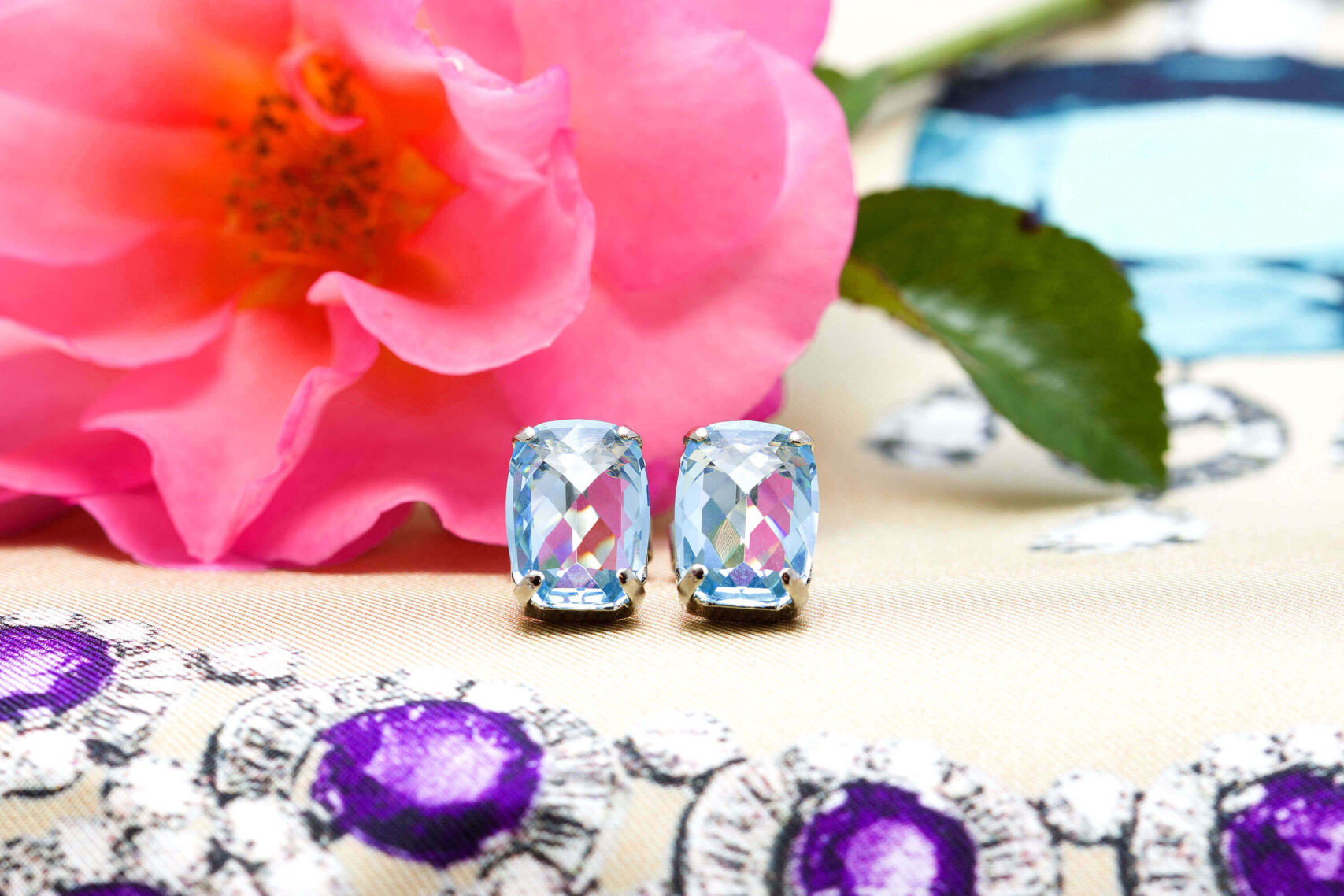 Rectangle Aquamarine Swarovski Crystal Studs - 14mm x 10mm