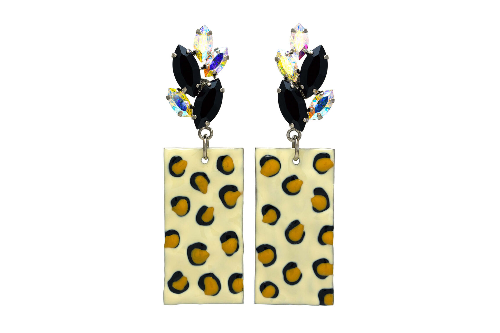 Custom Handpainted Ochre-Leopard-Print Enamel Earrings, with Crystals
